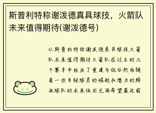斯普利特称谢泼德真具球技，火箭队未来值得期待(谢泼德号)